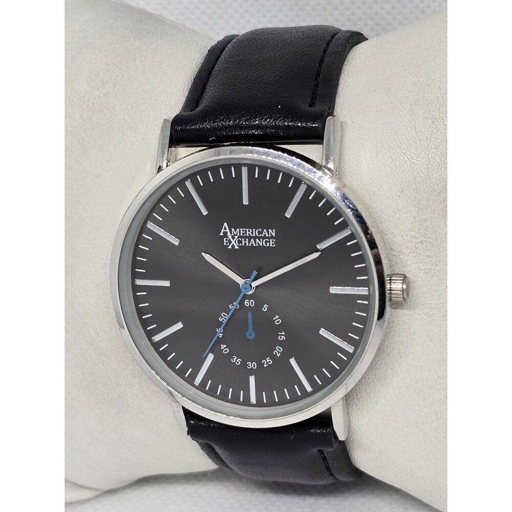 Men's American Exchange Classic Silver Tone Black Dial Leather Strap Watch 11 - Picture 2 of 9